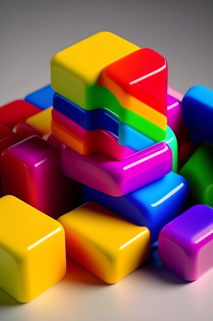 Pile of bright multicolored plastic building blocks blank for design