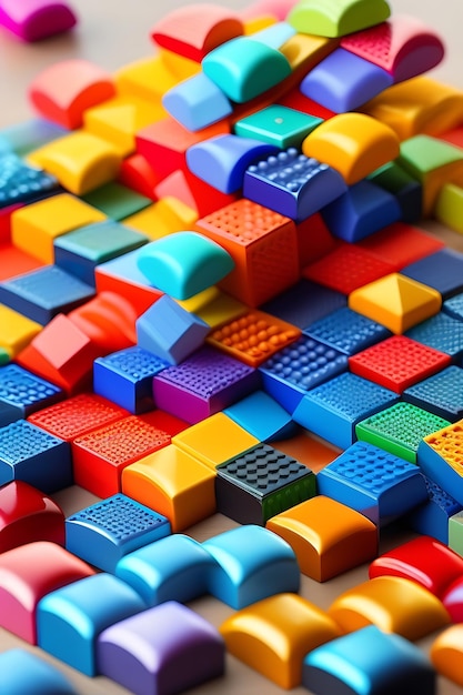 Pile of bright multicolored plastic building blocks