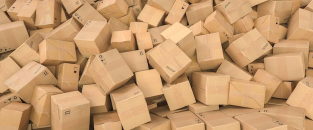 Pile of brown cardboard boxes background header logistics and delivery concept image