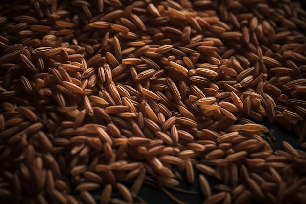 A pile of brown rice is shown on a black plate.