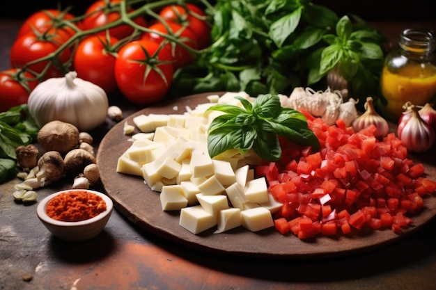 Pile of bruschetta pieces on ceramic plate surrounded by raw ingredients