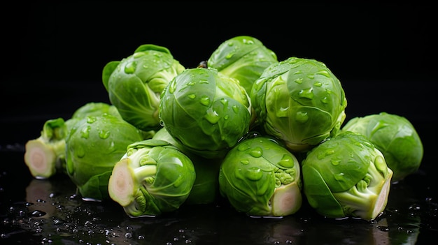 a pile of brussels sprouts on a black surface