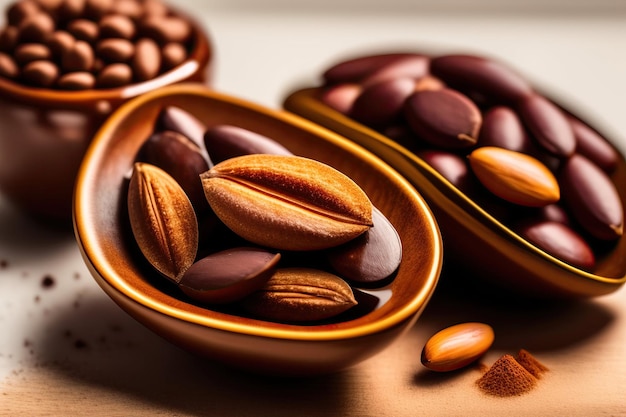 A pile of cacao beans in ceramic bowls on a wooden board