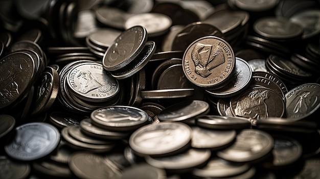 A pile of canadian coins with one canadian quarter on it