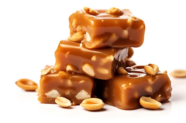 A pile of candy bars with nuts on them