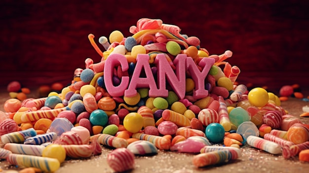 Photo a pile of candy is shown with the word candy