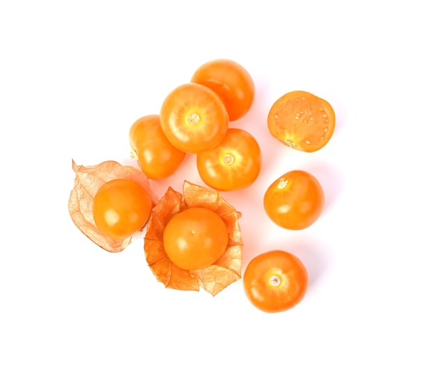 Pile of Cape Gooseberry on white background Top view