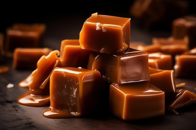 A pile of caramel candy is on a table.