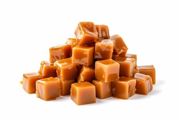 a pile of caramels on a white surface