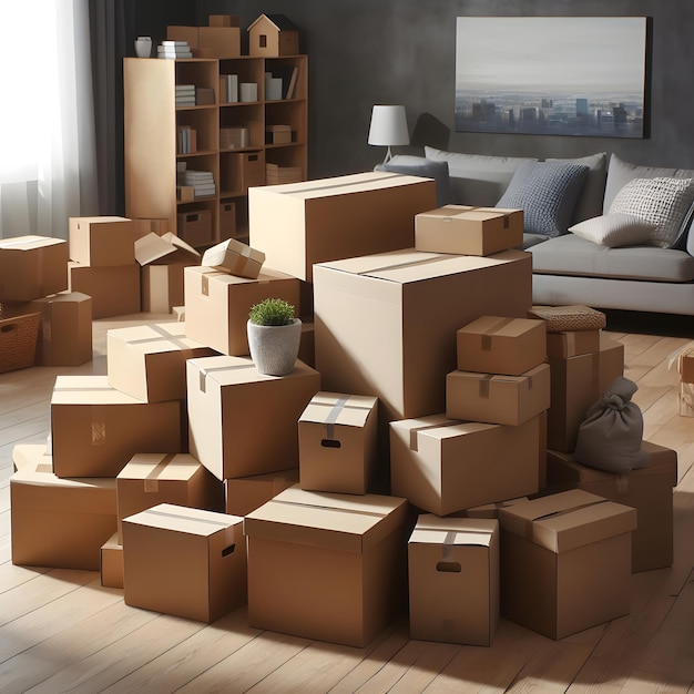 pile of cardboard boxes in living room