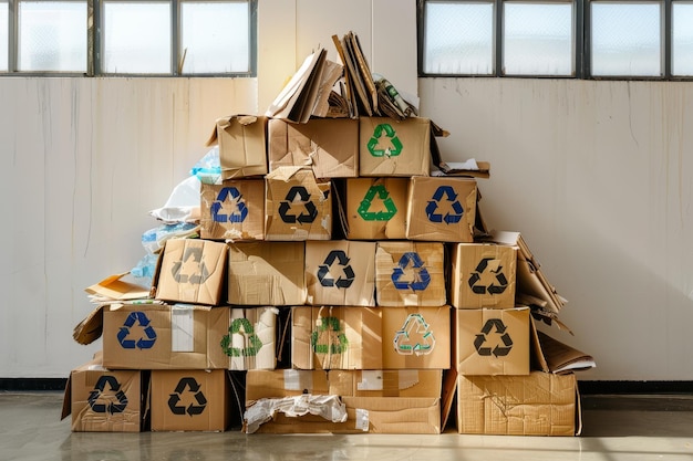 A pile of cardboard boxes with the word recycle on them