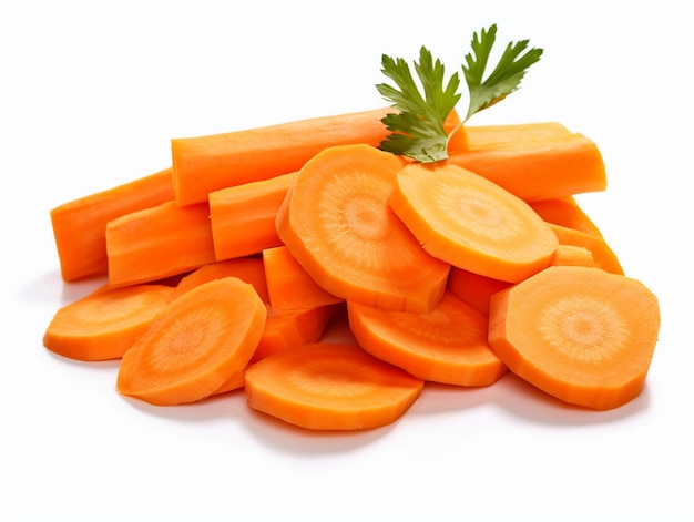 a pile of carrots with a green parsley on top.