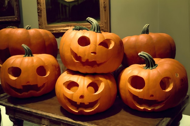 A Pile Of Carved Pumpkins Sitting On Top Of A Table