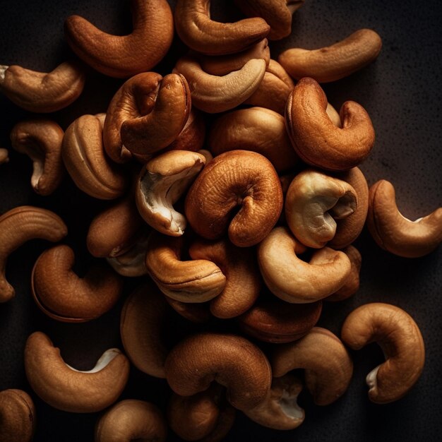 A pile of cashew nuts on a dark surface