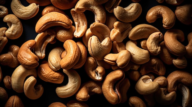 A pile of cashew nuts with a heart shape on the top.