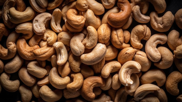 A pile of cashew nuts with the word cashew on the bottom