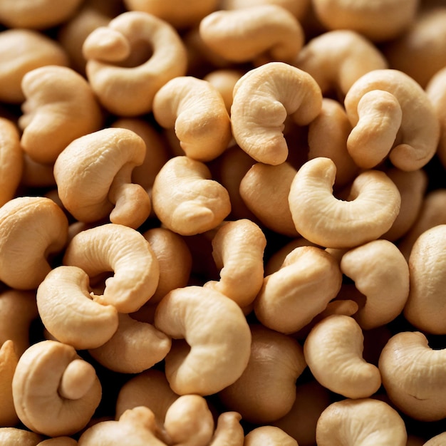 A pile of cashew nuts with the word cashew on the top.