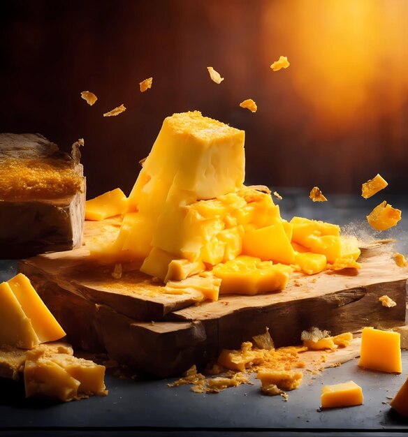 a pile of cheese that has been cut up on it.