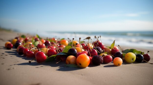 A pile of cherries on a beach