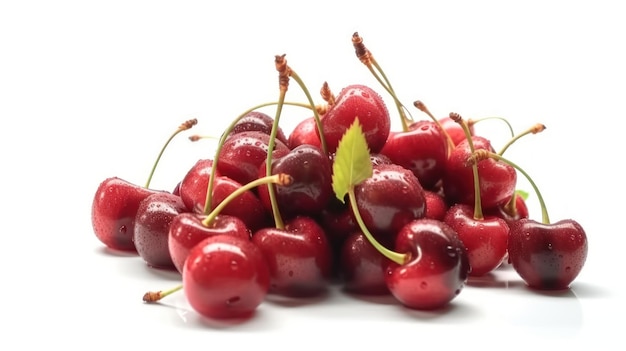 A pile of cherries on a white background