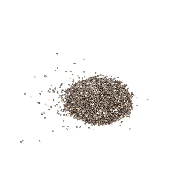 Pile of chia seeds close up on a white background