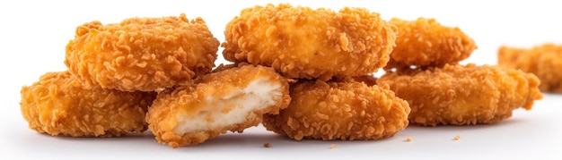 A pile of chicken nuggets on a white background