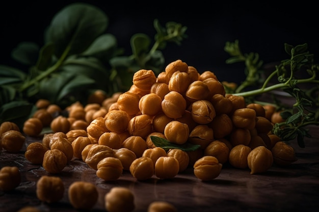 A pile of chickpeas on a table with leaves in the background