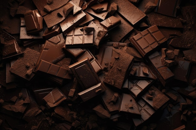 A pile of chocolate bars is shown on a dark background.