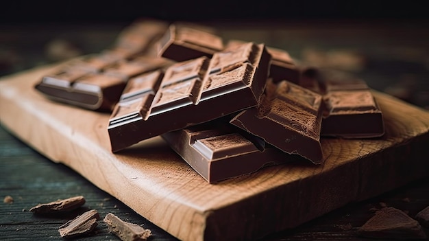 a pile of chocolate bars on a wooden surface