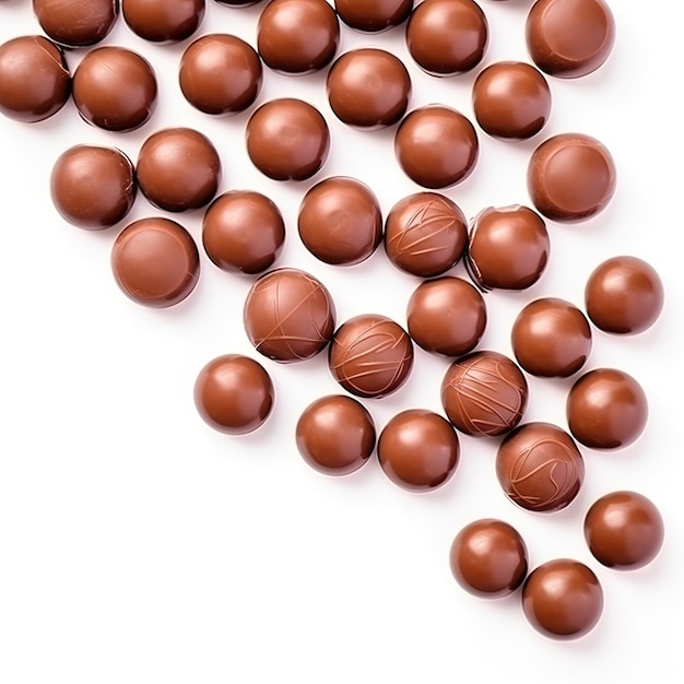 A pile of chocolate candy balls on the white background