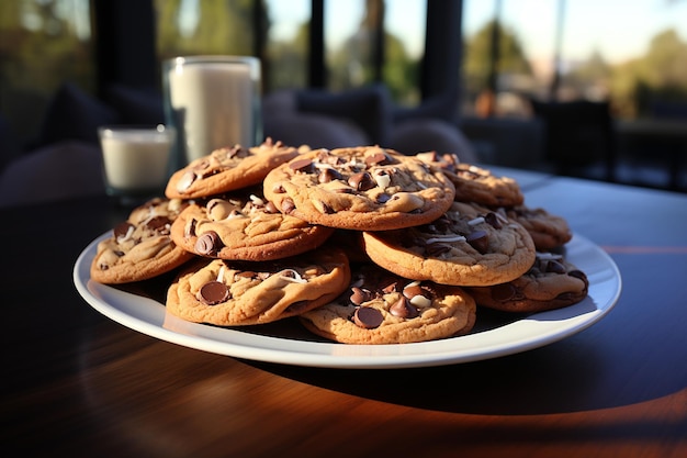 Pile of chocolate chip cookies on a plate and milk