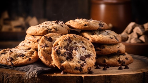 Pile of chocolate chip cookies on a wooden board with a jar of cookies in the background generative ai