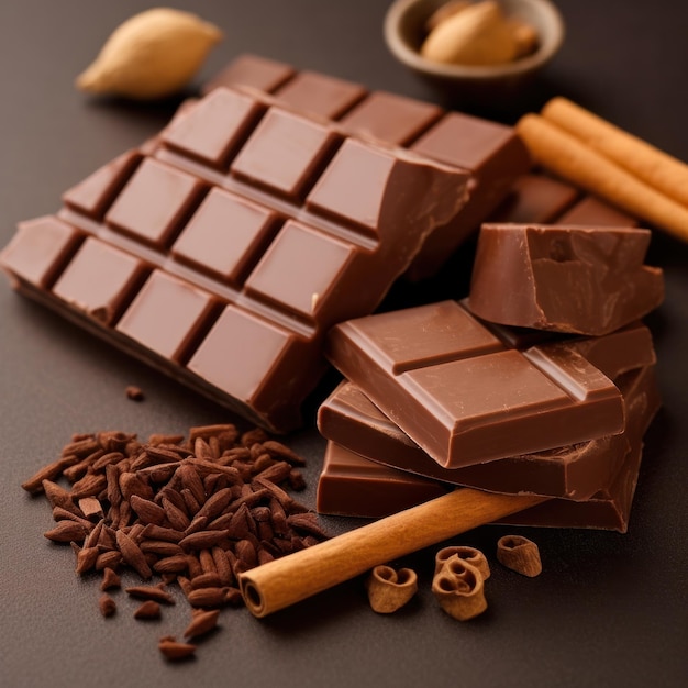 A pile of chocolates and cinnamon sticks are on a dark background.