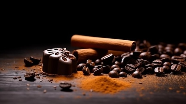 A pile of chocolates and coffee beans on a black background.