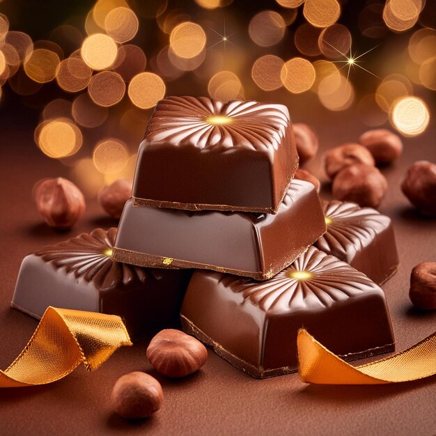 Photo a pile of chocolates with gold ribbon around it