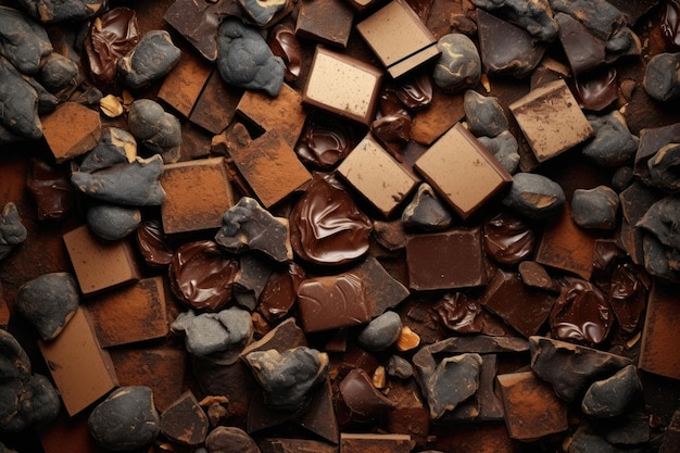 A pile of chocolates with the word chocolate on the top