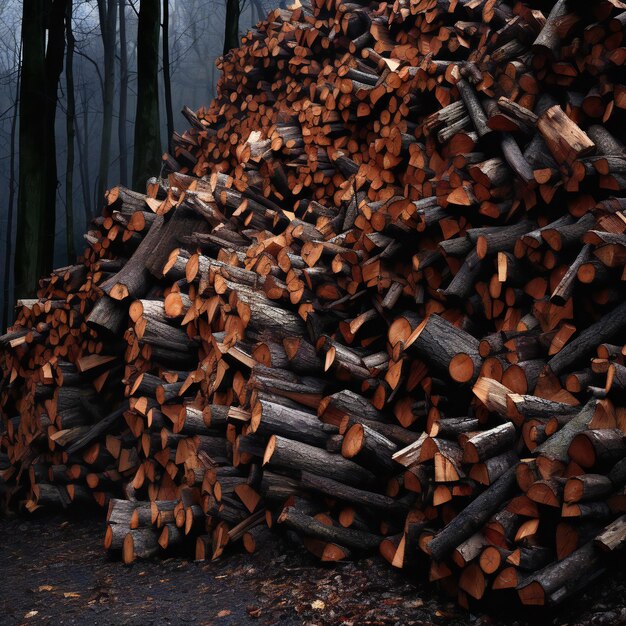 Pile of chopped firewood in the forest