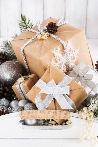 Pile of christmas gift box with decorations