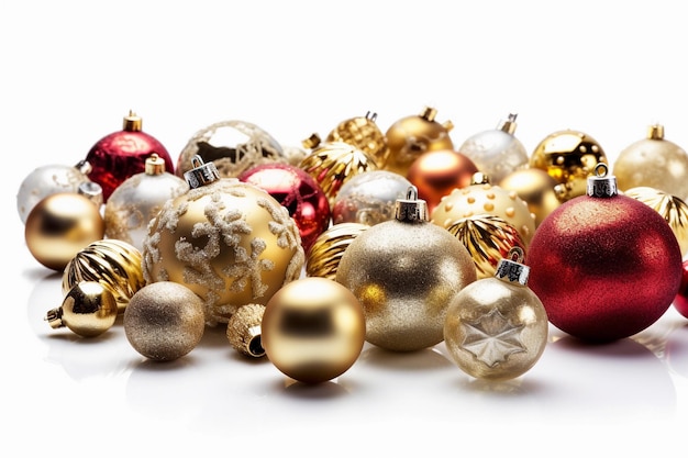 A pile of christmas ornaments on a white background