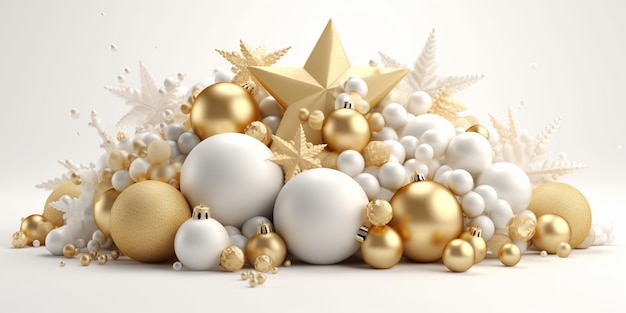 A pile of christmas ornaments with white stars and gold stars