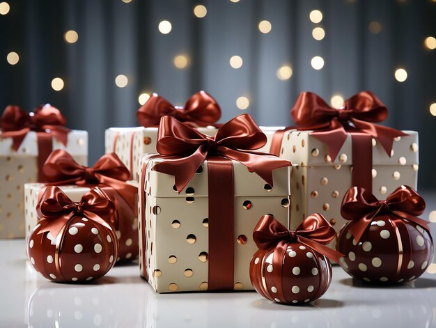 a pile of christmas presents with a red bow on the top.