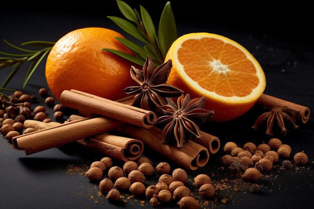 Photo a pile of cinnamon sticks and oranges with a sprig of mint leaves