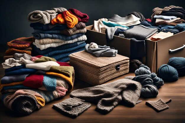 a pile of clothes and socks are on a wooden table