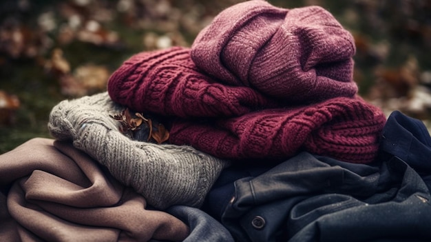 A pile of clothing including a hat and a sweater.