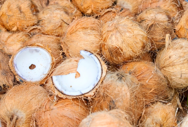 Pile of coconuts on the counter.