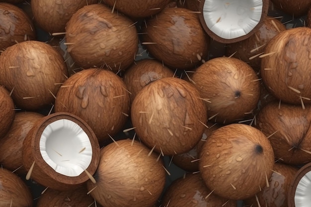 코코넛의 내부를 보여주는 코코넛의 상단과 코코넛 더미
