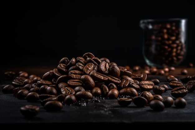 A pile of coffee beans on a black surface with a glass of coffee behind it.