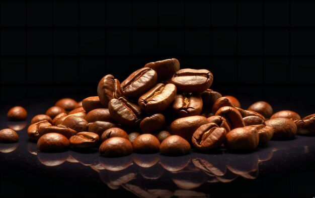 A pile of coffee beans is on a black background