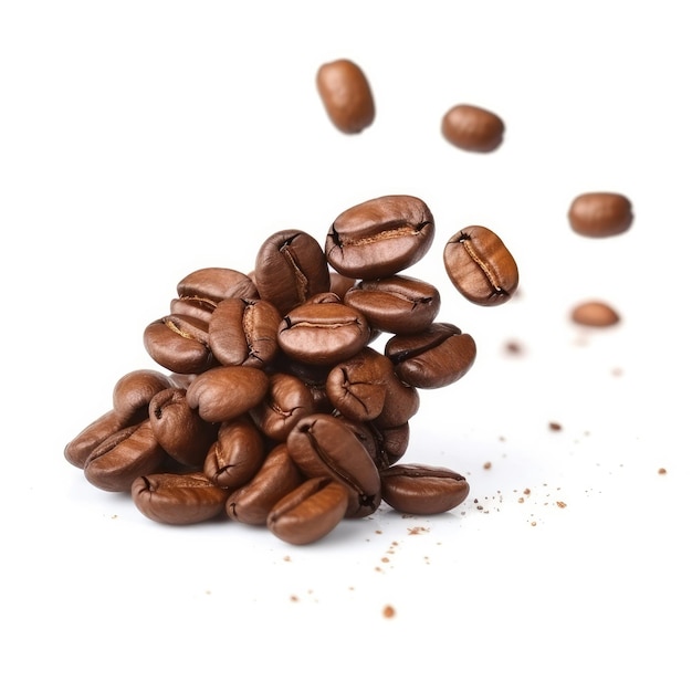 A pile of coffee beans is falling on a white background.