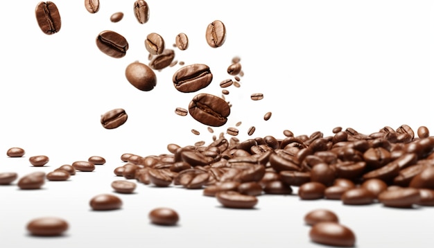 A pile of coffee beans is falling on a white background